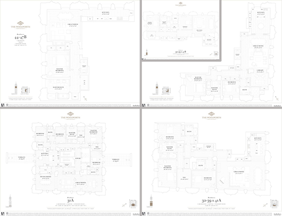 Clockwise from left: the floorplans of a 1, 2, 2 plus library, 3 and 4 bedroom units at the Woolworth Building at 233 Broadway(click to enlarge)