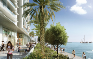(Click to enlarge) The all-glass retail liner fronting Biscayne Bay