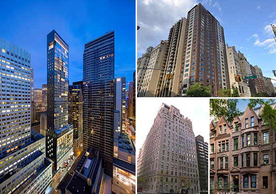 Clockwise from left: 20 West 53rd Street, 980 Fifth Avenue, 55 West 90th Street and 740 Park Avenue
