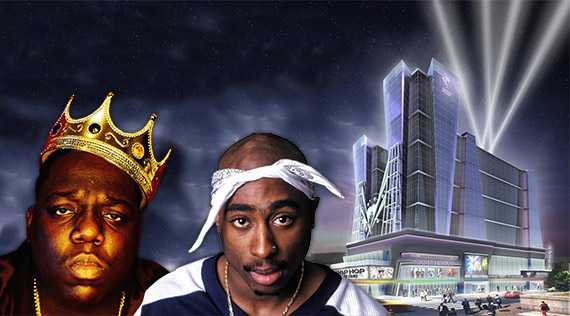 From left: The Notorious B.I.G., Tupac Shakur and a rendering of Hip Hop Hall of Fame + Museum &amp; Hotel