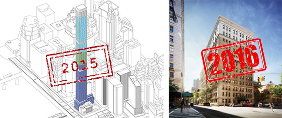 From left: A diagram for 80 South Street and rendering of 260 West 78th Street (credit: COOKFOX)
