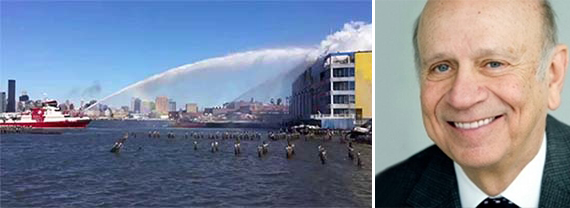 A fireboat battling flames at the CitiStorage building on January 31 (credit: YouTube) and Norman Brodsky