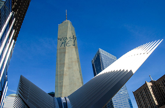 Dirty windows at One World Trade Center (illustration by Lexi Pilgrim for <em>The Real Deal</em>)