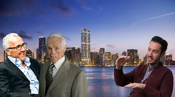 A rendering of The Towers. Inset: developers Frank McCourt, Tibor Hollo and Corigin CEO Ryan Freedman