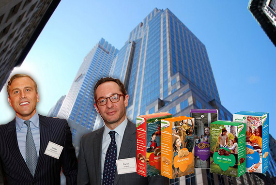 From left: NGKF's Jordan Roeschlaub and Daniel Fromm, 420 Fifth Avenue and Girl Scout cookies