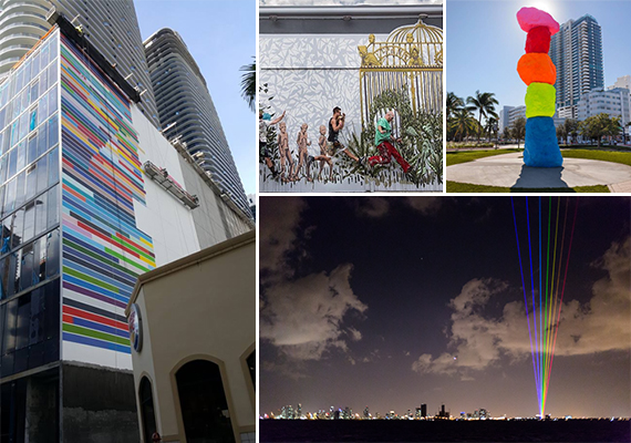 Clockwise from left: Mural at Brickell Heights, Wynwood Walls, Collins Park installation, and the Ritz Rainbow