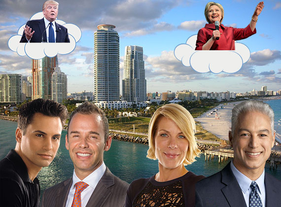South Beach skyline. Clockwise from left: Donald Trump, Hillary Clinton, Nelson Gonzalez, Mika Mattingly, Jay Parker and Kevin Tomlinson