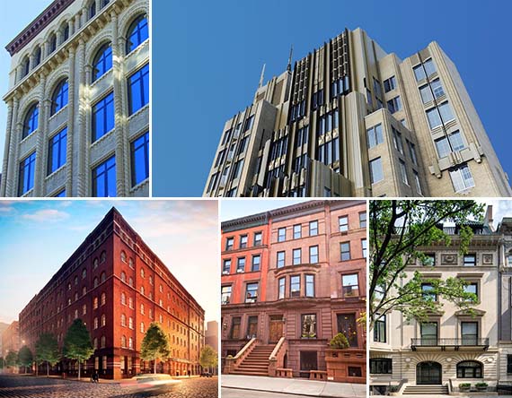 Clockwise from left: 66 East 11th Street, 212 West 18th Street, 443 Greenwich Street, 48 West 70th Street, 7 East 76th Street