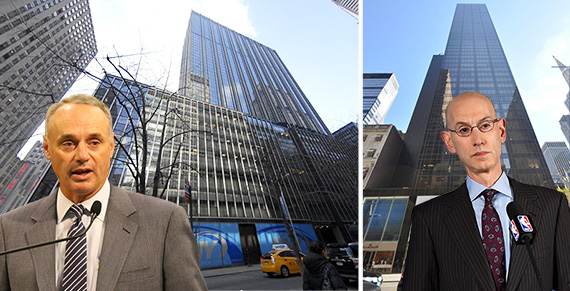 From left: MLB's Rob Manfred, 1271 Sixth Avenue, 645 Fifth Avenue and NBA's Adam Silver (credit: Getty)