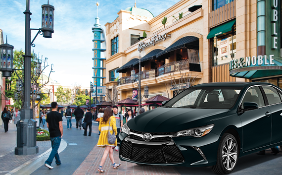 Rendering of The Grove and a Toyota Camry
