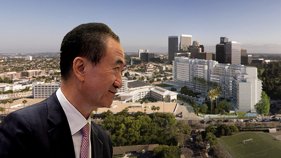 Wanda chairman Wang Jianlin and a rendering of the One Beverly Hills project at 9900 Wilshire Boulevard (Credit: Getty, Richard Meier Architects)