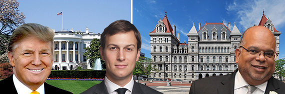 From left: Donald Trump, the White House, Jared Kushner, the New York State Capitol in Albany and John Banks