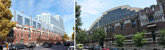 Rendering and current site of the Bedford Union Armory in Crown Heights