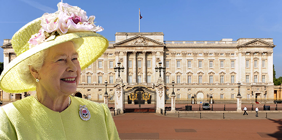 <em>Buckingham Palace (inset: Queen Elizabeth II)</em>