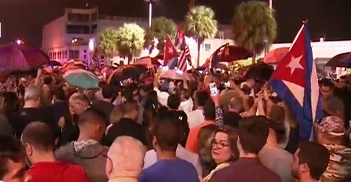 Cuban-Americans gather in Miami's Little Havana after Fidel Castro's death. (Source: WSVN)