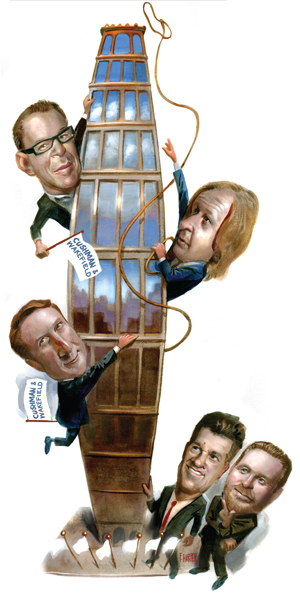 From top to bottom: Doug Harmon, Roy March, Adam Spies, Brett White and Bob Knakal (Illustration by Fred Harper)
