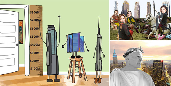 Clockwise from left: Buildings attempting to look more "sold," the new development battle (illustrations by Lexi Pilgrim for <em>TRD</em>) and Steve Roth