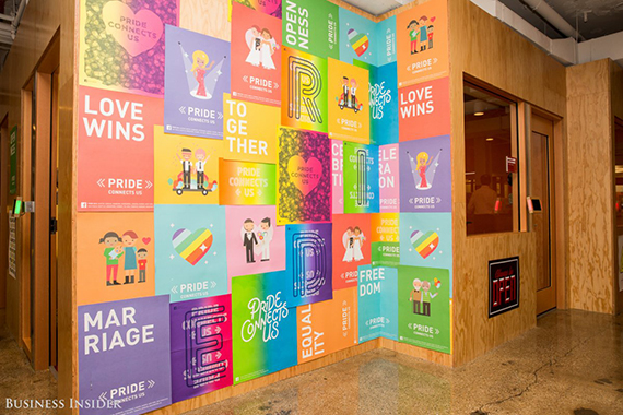 There are also murals and posters around every corner. Much of the art reflects Facebook's values. These posters demonstrate the tech giant's support of gay pride. (credit: Sarah Jacobs via Business Insider) 