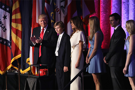 From left: Donald Trump, Barron Trump, Melania Trump, Ivanka Trump, Jared Kushner and Tiffany Trump (credit: Getty)