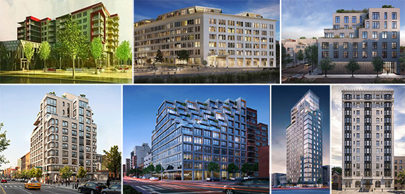 Clockwise from left: Vue Condominium at 1821 Emmons Avenue, Austin Nichols House at 184 Kent Avenue, Hendrik Condominium 509 Pacific Street, The Baltic at 613 Baltic Street, 251 First Street, The Nevins at 319 Schermerhorn Street, and The Standish 171 Columbia Heights