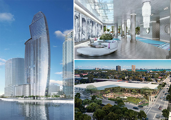 Clockwise from left: Renderings of the Aston Martin Residences, the lobby at the Estates at Acqualina and Magic City