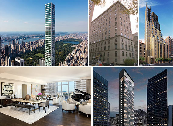Clockwise from left: 432 Park Avenue, 4 East 66th Street, 212 West 18th Street, 20 West 53rd Street and 33 East 74th Street