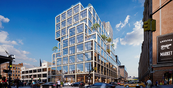 Rendering of 61 Ninth Avenue in the Meatpacking District (inset: Rafael Vinoly)