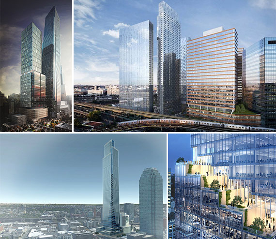 <em>Clockwise from left: Renderings of 50 Hudson Yards, Court Square City View Tower at 23-15 44th Drive (credit: United Construction and Development), the Spiral at 66 Hudson Boulevard, and 28-07 Jackson Avenue</em>