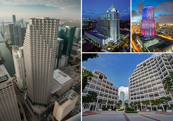 Clockwise from left: Southeast Financial Center, Las Olas City Centre, Miami Tower and Courvoisier Centre
