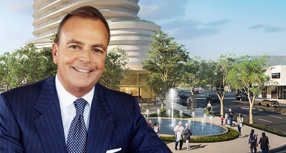 Rick Caruso and a rendering of his project at 333 La Cienega Boulevard (Credit: Twitter, Caruso Affiliated)