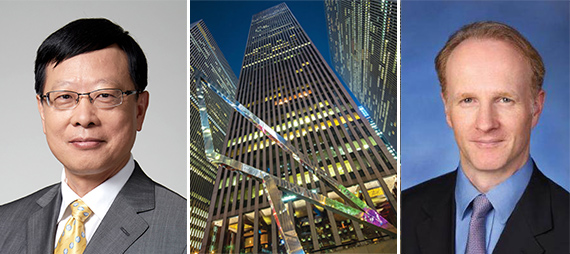 From left: CIC's Ding-Xuedong, 1221 Sixth Avenue (credit: Cushman and Wakefield) and CPP's Mark Machin