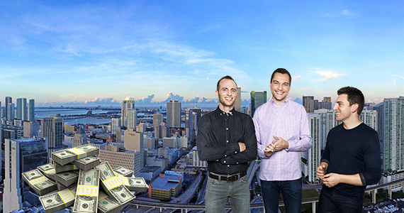 Downtown Miami (Credit Azeez Bakare Studios). Inset: Airbnb founders Nathan Blecharczyk, Brian Chesky and Joe Gebbia