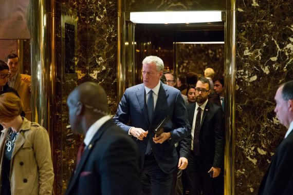 Mayor Bill de Blasio leaving Trump Tower (credit: Getty Images)