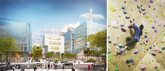 Rendering of Columbias Manhattanville campus (credit: Renzo Piano Building Workshop) and inside Steep Rock Bouldering (credit: Steep Rock Bouldering)