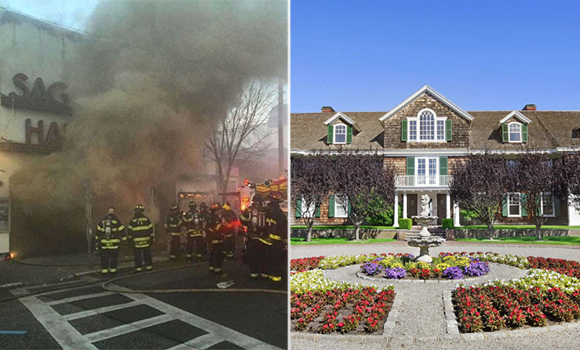 The Sag Harbor fire and 66 Seafield Lane (Credit: Instagram user pamiwilloughby, Douglas Elliman