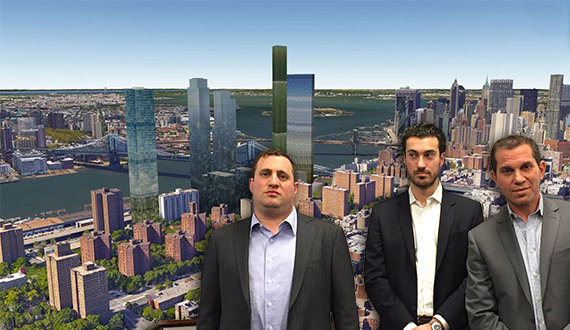 From left: Renderings of the Two Bridges Towers (credit: CityRealty) with JDS' Michael Stern, CIM's Alex Kafenbaum and Starrett's Josh Siegel