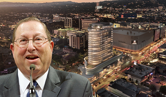Councilmember Paul Koretz and a rendering of the project at 333 La Cienega Boulevard (Credit: Getty, Caruso Affiliated)