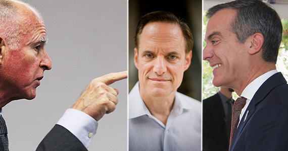 Gov. Jerry Brown, AHF CEO Michael Weinstein and Mayor Eric Garcetti (Getty, Barry Levine)