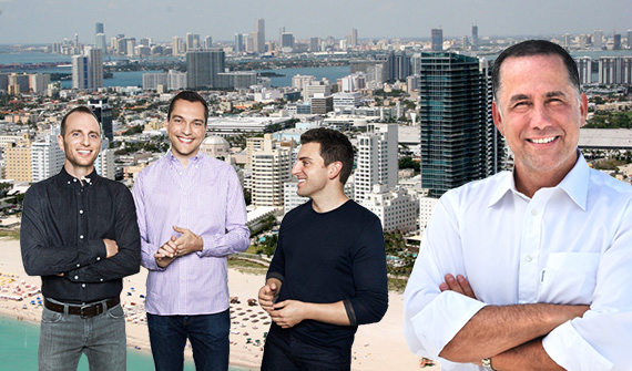 South Beach, Airbnb founders Nathan Blecharczyk, Brian Chesky and Joe Gebbia, and Miami Beach Mayor Philip Levine
