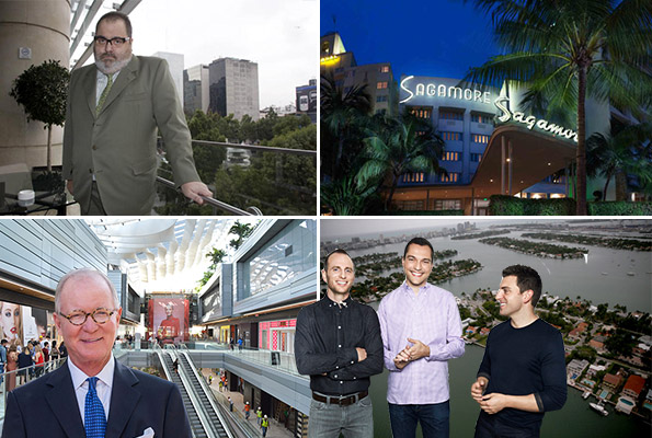 Clockwise from left: Argentinian journalist Jorge Lanata (Credit: Getty); the Sagamore Hotel; Aerial of Miami (Credit: Getty), Airbnb founders Nathan Blecharczyk, Brian Chesky and Joe Gebbia; Brickell City Centre shops and Stephen Owens