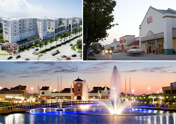 Clockwise from top left: Rendering of Gables Station, Oakwood Plaza and the Palms at Town &amp; Country