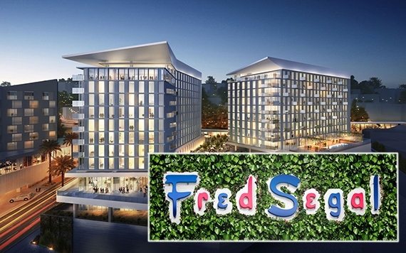 Rendering of CIM Group's project at Sunset and La Cienega and the Fred Segal logo
