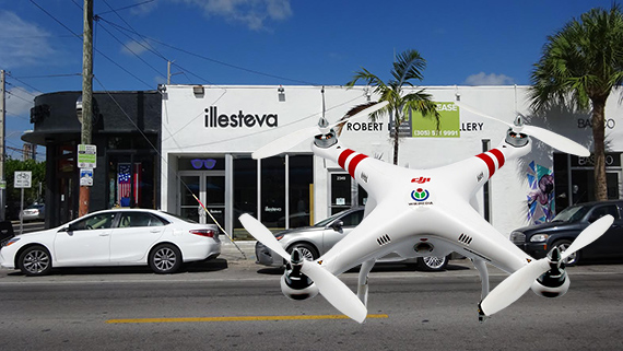 2349 Northwest Second Avenue in Wynwood. Inset: a DJI drone (Credit: Clément Bucco-Lechat)