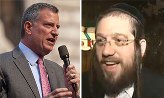 From left: Bill de Blasio and Moishe Indig (credit: NY1)