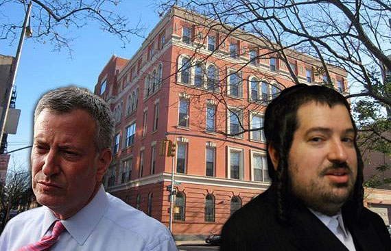 From left: Bill de Blasio, Rivington House at 45 Rivington Street and Joel Landau