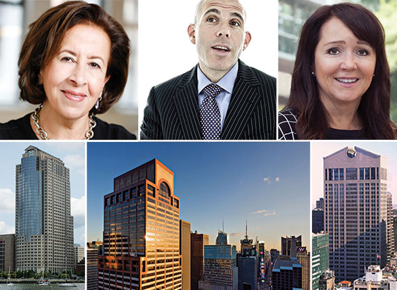 Clockwise from left: Olayan Group's Hutham Olayan, RXR Realty's Scott Rechler, CalPERS' Marcie Frost, 550 Madison Avenue, 787 Seventh Avenue and 388-390 Greenwich Street