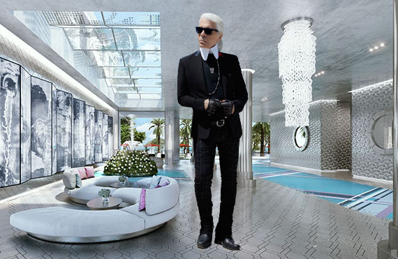 Karl Lagerfeld and rendering of Estates at Acqualina's South Tower Lobby (Credit: ArX Solutions)