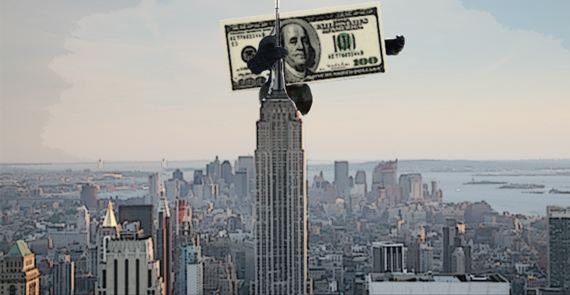 A U.S. dollar climbing the Empire State Building (illustration by Lexi Pilgrim for The Real Deal)