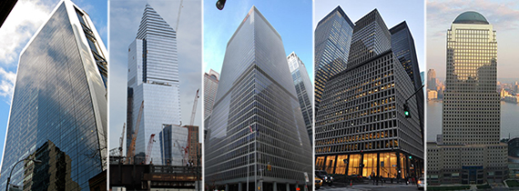 From left: 9 West 57th Street, 10 Hudson Yards, 1285 Sixth Avenue, 280 Park Avenue and 225 Liberty Street