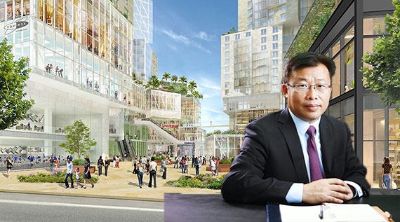 CORE president and general manager Ren Hongpeng (credit: CORE website), and a rendering of the Grand Ave project (credit: LA County Board of Supervisors)